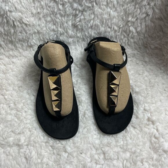 Vionic .toe post black ankle strap sandals geometric gold studs accent SZ8 - Picture 4 of 7